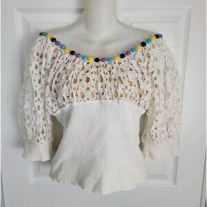 CATHERINE MALANDRINO Size 2 White Eyelet Beaded Off Shoulder Smocked Waist Top